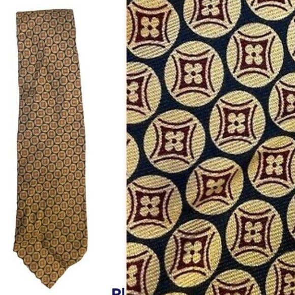 Polo Ralph Lauren Neck Tie 100% Silk Cream Blue Gold Geometric USA Handmade - Picture 1 of 9